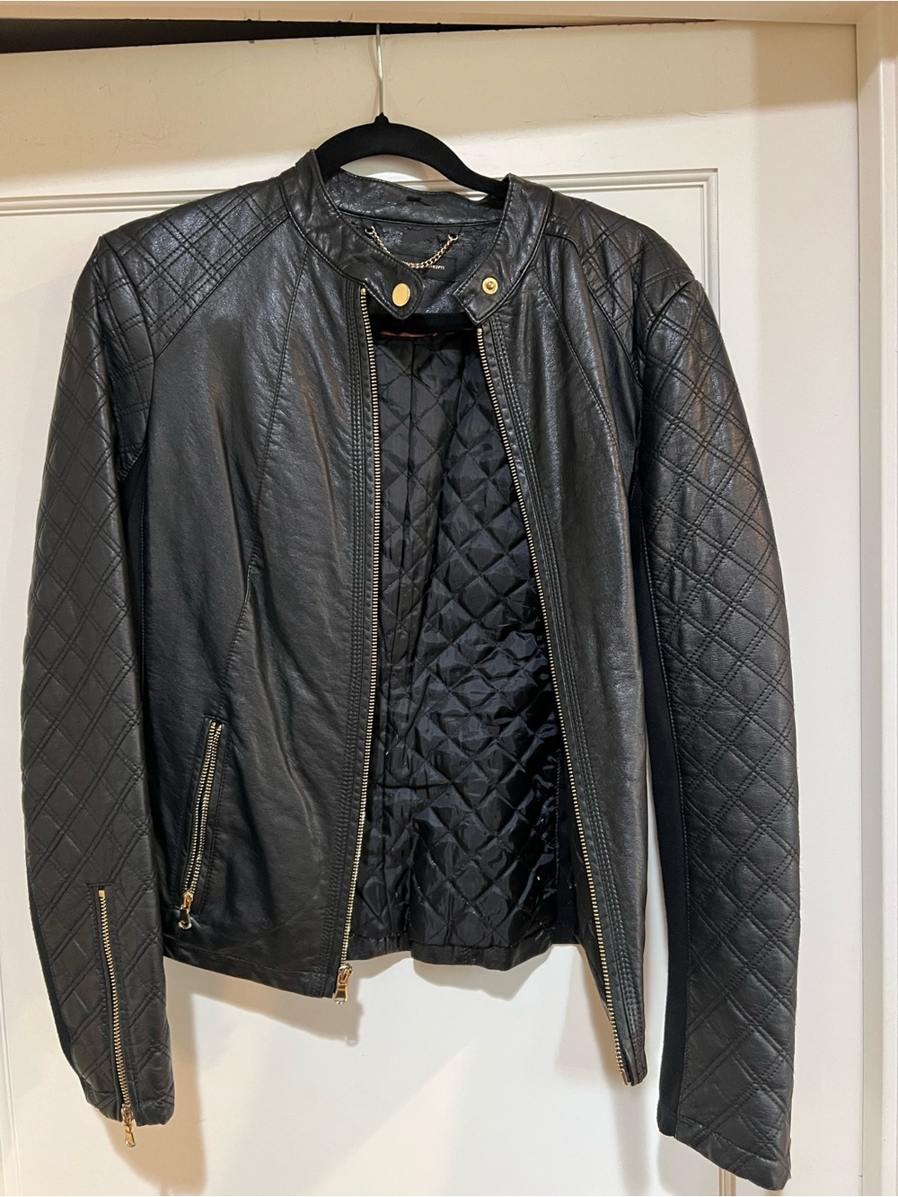 INC International Concepts Black Quilted Leather Jacket with Gold Hardware